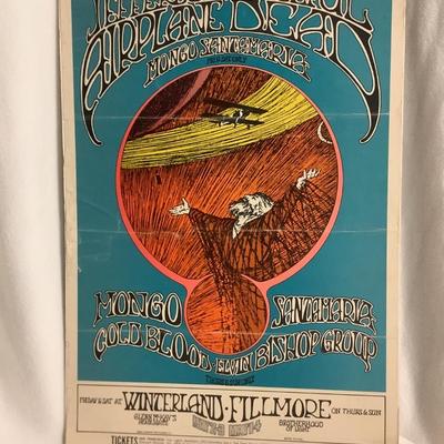 1969 Jefferson Airplane, Grateful Dead, Mongo Santa Maria, Cold Blood, Elvin Bishop Group poster mounted to cardboard 21"H 14"W
