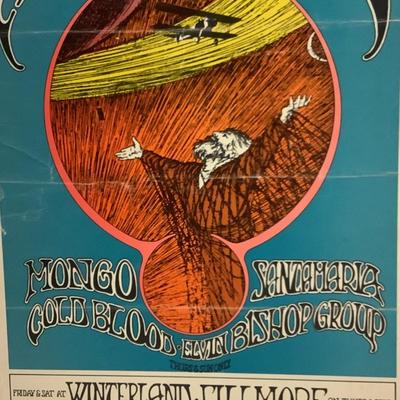 1969 Jefferson Airplane, Grateful Dead, Mongo Santa Maria, Cold Blood, Elvin Bishop Group poster mounted to cardboard 21"H 14"W