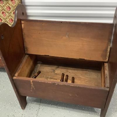 Old Tavern Table Seat with storage Wood and Fabric cover Table 31"H 36"W 24"depth, seat 17"H 24"x17"