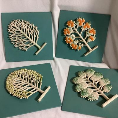 Vintage Syroco Wood All Four Seasons Wall Art Plagues, mid-century each 10" x 10"