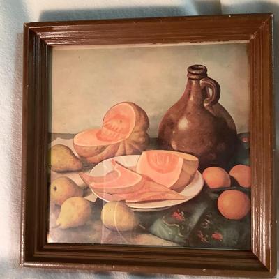 Still Life Wood frame/glass, Cantaloupe, Pears, Oranges, Jug 10" x 10"