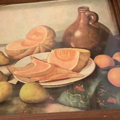 Still Life Wood frame/glass, Cantaloupe, Pears, Oranges, Jug 10" x 10"