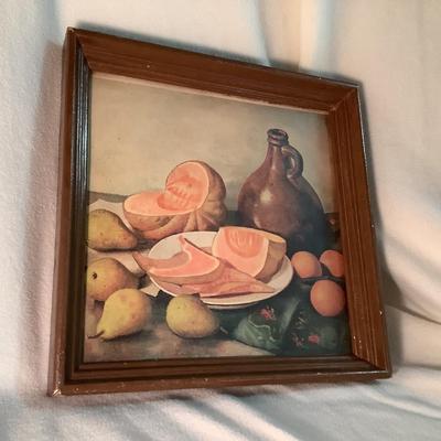Still Life Wood frame/glass, Cantaloupe, Pears, Oranges, Jug 10" x 10"