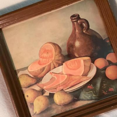Still Life Wood frame/glass, Cantaloupe, Pears, Oranges, Jug 10" x 10"