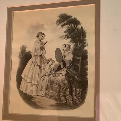 2 prints of French Ladies with a young girl framed double matted 10"H 9"W