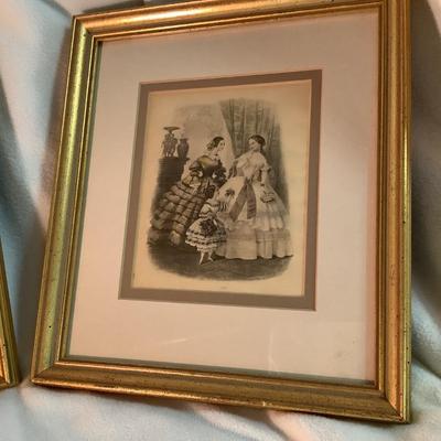 2 prints of French Ladies with a young girl framed double matted 10"H 9"W
