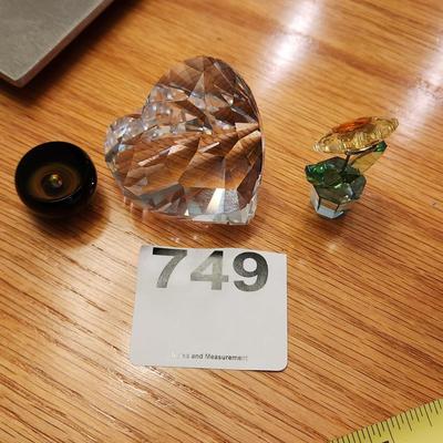 3 small Cut Glass , Flower, Heart Shape Prism , Micro Glass Paperweight art