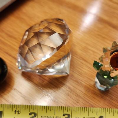3 small Cut Glass , Flower, Heart Shape Prism , Micro Glass Paperweight art