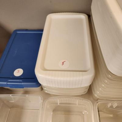 Lot of 21 Plastic Storage Containers with lids 6 different Sizes
