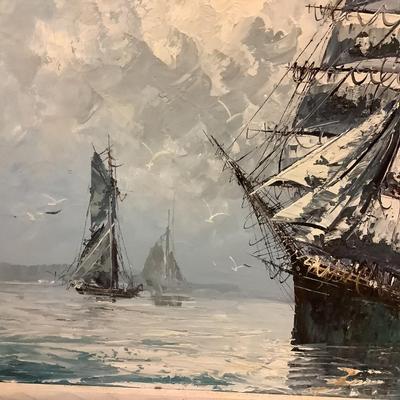 Ship of Many Sails painted on canvas by artist Hilary, white wood frame 28