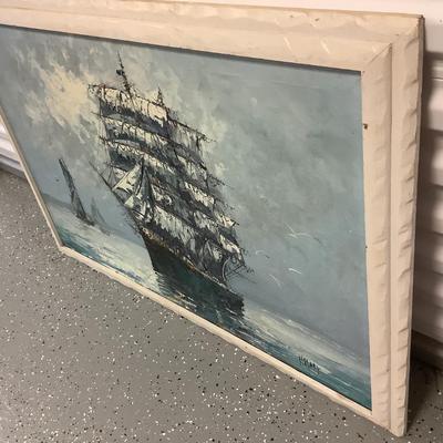 Ship of Many Sails painted on canvas by artist Hilary, white wood frame 28