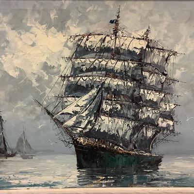 Ship of Many Sails painted on canvas by artist Hilary, white wood frame 28"H 39"W