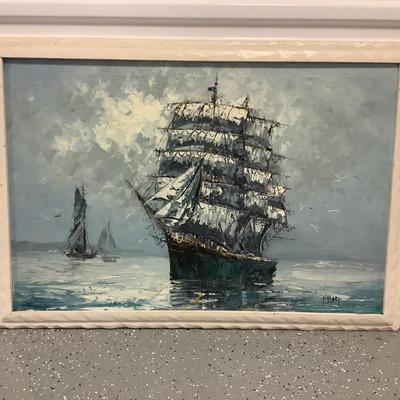 Ship of Many Sails painted on canvas by artist Hilary, white wood frame 28