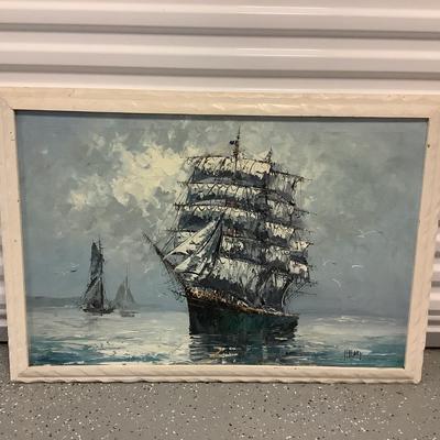 Ship of Many Sails painted on canvas by artist Hilary, white wood frame 28