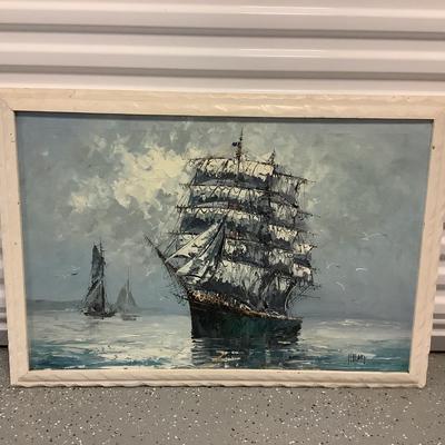 Ship of Many Sails painted on canvas by artist Hilary, white wood frame 28"H 39"W