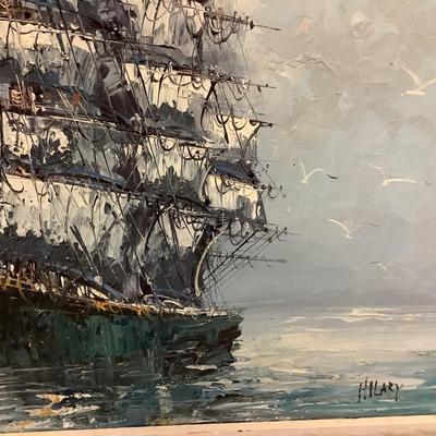 Ship of Many Sails painted on canvas by artist Hilary, white wood frame 28