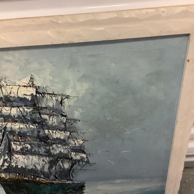 Ship of Many Sails painted on canvas by artist Hilary, white wood frame 28"H 39"W
