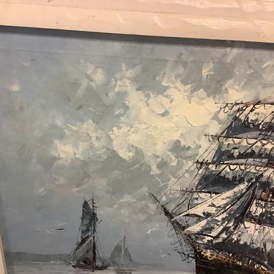 Ship of Many Sails painted on canvas by artist Hilary, white wood frame 28"H 39"W