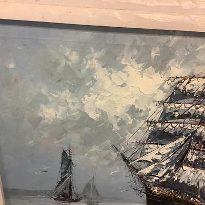 Ship of Many Sails painted on canvas by artist Hilary, white wood frame 28