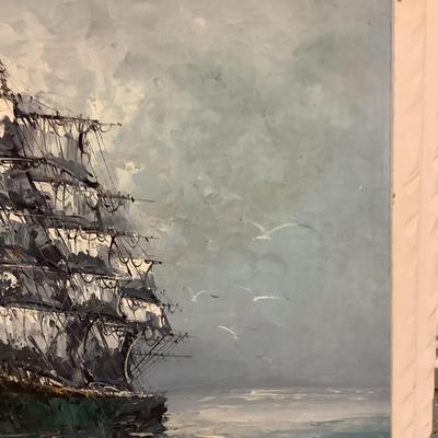 Ship of Many Sails painted on canvas by artist Hilary, white wood frame 28