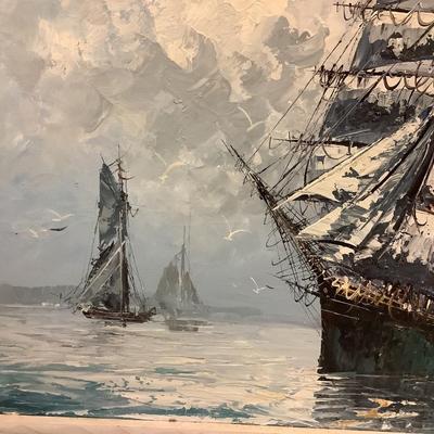 Ship of Many Sails painted on canvas by artist Hilary, white wood frame 28"H 39"W