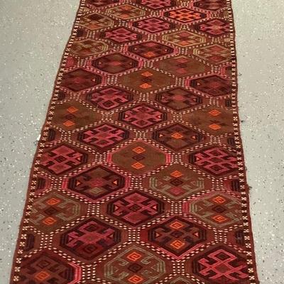 Afghan Soumak red gold runner 12' x 2' art for the floor in your hallway or foyer
