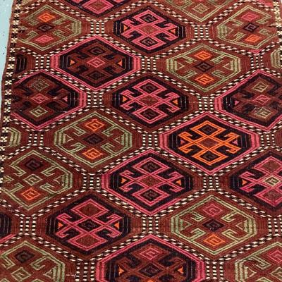 Afghan Soumak red gold runner 12' x 2' art for the floor in your hallway or foyer