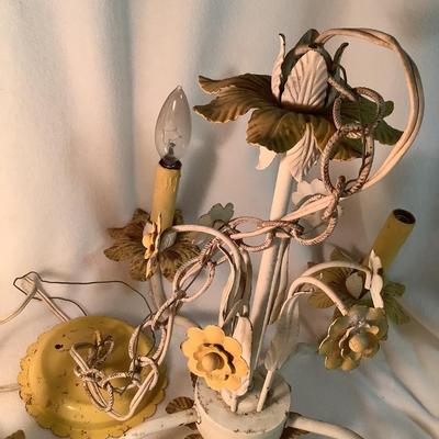 Vintage Metal Chandelier yellow and white flowers 20" diameter  14"H chain 16"
