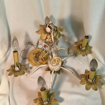 Vintage Metal Chandelier yellow and white flowers 20" diameter  14"H chain 16"