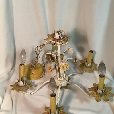 Vintage Metal Chandelier yellow and white flowers 20" diameter  14"H chain 16"