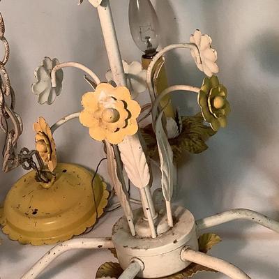 Vintage Metal Chandelier yellow and white flowers 20" diameter  14"H chain 16"