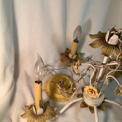 Vintage Metal Chandelier yellow and white flowers 20" diameter  14"H chain 16"