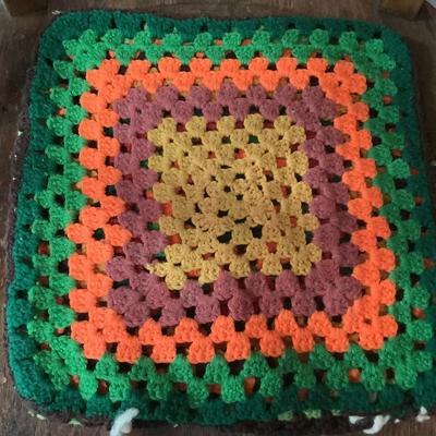 Crocheted Pillowcases -2. Green rectangular with pillow 18" x 14", square pillow cover brown and fall colors 14" x 14"