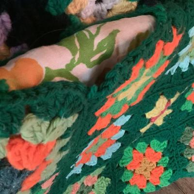 Crocheted Pillowcases -2. Green rectangular with pillow 18" x 14", square pillow cover brown and fall colors 14" x 14"