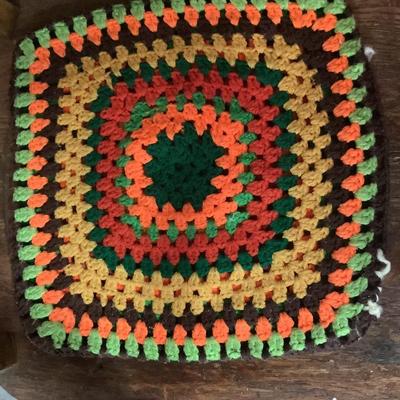 Crocheted Pillowcases -2. Green rectangular with pillow 18" x 14", square pillow cover brown and fall colors 14" x 14"