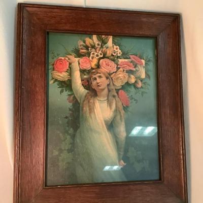 Framed Art-Young lady by cross with flowers, wood frame and glass  18"H 15"W