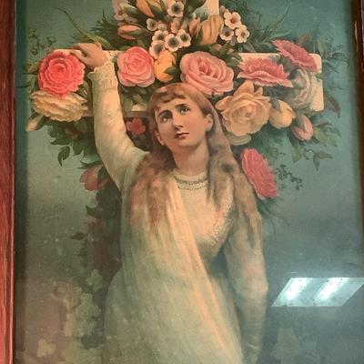 Framed Art-Young lady by cross with flowers, wood frame and glass  18"H 15"W