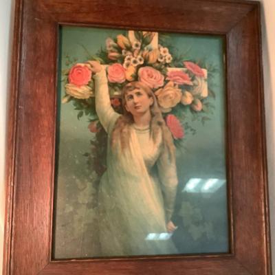 Framed Art-Young lady by cross with flowers, wood frame and glass  18