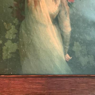 Framed Art-Young lady by cross with flowers, wood frame and glass  18"H 15"W
