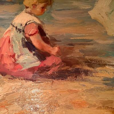 C J Walker painting on canvas, Children at the Beach, visible brush strokes, 20"H  24" W