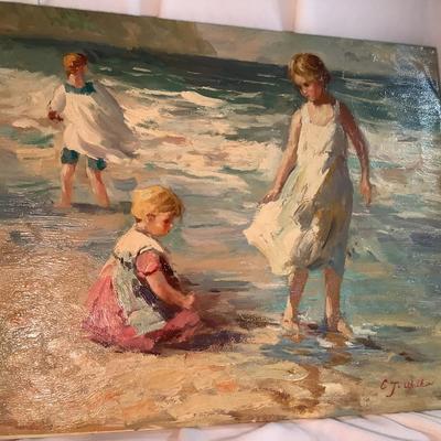 C J Walker painting on canvas, Children at the Beach, visible brush strokes, 20"H  24" W