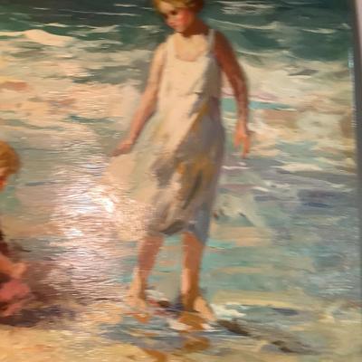 C J Walker painting on canvas, Children at the Beach, visible brush strokes, 20"H  24" W