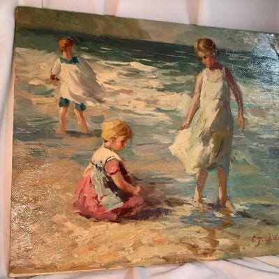 C J Walker painting on canvas, Children at the Beach, visible brush strokes, 20"H  24" W