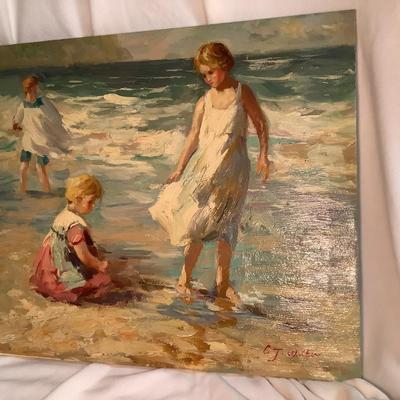 C J Walker painting on canvas, Children at the Beach, visible brush strokes, 20"H  24" W