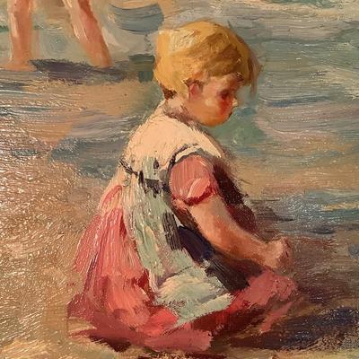 C J Walker painting on canvas, Children at the Beach, visible brush strokes, 20"H  24" W