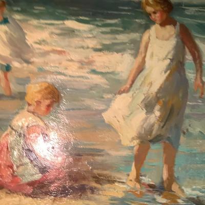 C J Walker painting on canvas, Children at the Beach, visible brush strokes, 20