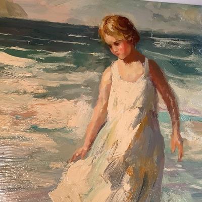 C J Walker painting on canvas, Children at the Beach, visible brush strokes, 20"H  24" W