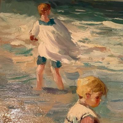 C J Walker painting on canvas, Children at the Beach, visible brush strokes, 20"H  24" W