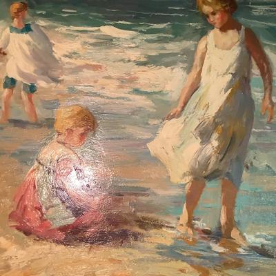 C J Walker painting on canvas, Children at the Beach, visible brush strokes, 20"H  24" W