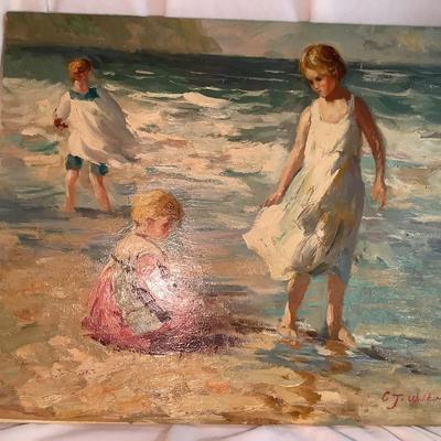 C J Walker painting on canvas, Children at the Beach, visible brush strokes, 20"H  24" W